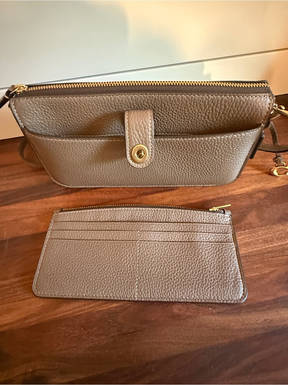 Coach Taupe Gray Pebbled Leather Crossbody Wallet with Gold Hardware - Picture 5 of 6